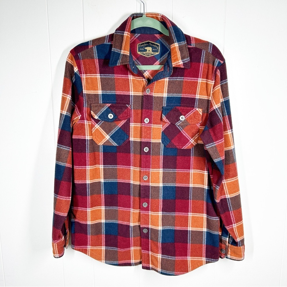 Freedom Foundry Orange and Blue Plaid Button Up Flannel Shirt Medium